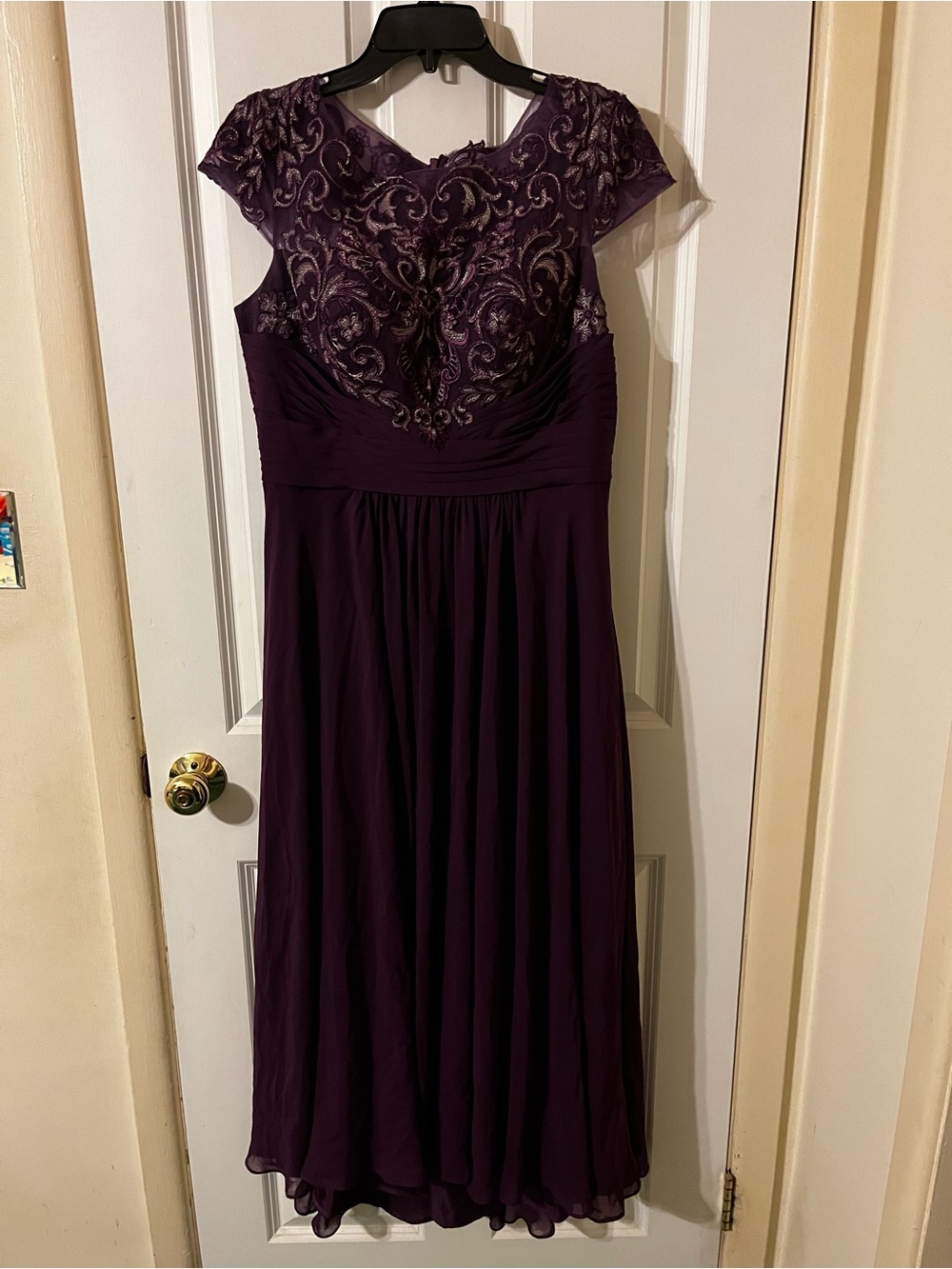 JJs House Plum Embroidered Cap-Sleeve Midi Dress